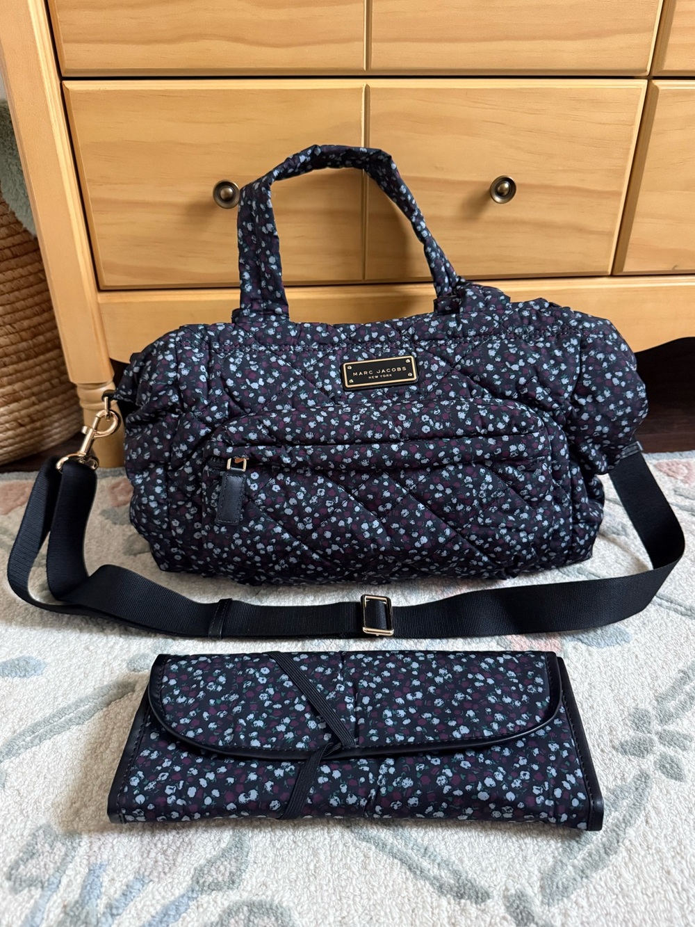 Marc Jacobs Black Quilted Floral diaper bag with Matching changing pad